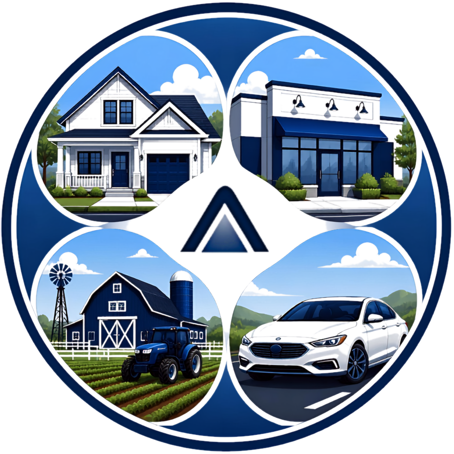 Illustrated collage of a house, a storefront, a barn and tractor, and a car, representing Absolute Insurance's home, business, farm and ranch, and auto coverage